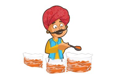 Biber tozu satan rajasthani bir adamın vektör karikatür illüstrasyon. Beyaz arka planda yalıtılmış.