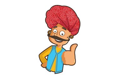 Bir Rajasthani adam vektör karikatür illüstrasyon başparmak kadar işaret gösteren. Beyaz arka planda yalıtılmış.