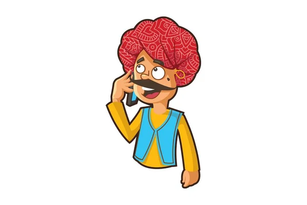 Vektor Cartoon Illustration Rajasthani Man Talar Telefon Isolerad Vit Bakgrund — Stock vektor