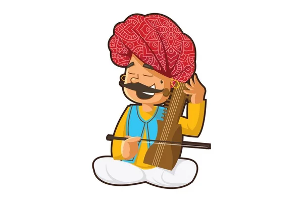 Wektor Kreskówka Ilustracja Rajasthani Człowiek Gra Sarangi Instrument Izolowane Białym — Wektor stockowy