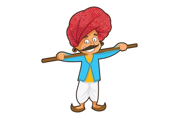 Desenho Animado Vetorial Ilustração Homem Rajasthani Segurando Pau Isolado Sobre — Vetor de Stock