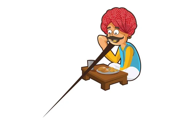 Vector Cartoon Illustration Rajasthani Man Eating Food Isolated White Background — Stock Vector