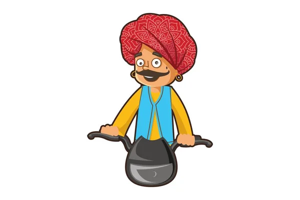 Vektor Cartoon Illustration Rajasthani Man Rida Cykel Isolerad Vit Bakgrund — Stock vektor