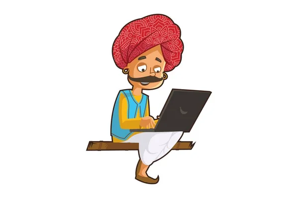 Vektor Cartoon Illustration Eines Rajasthani Mannes Der Einem Laptop Arbeitet — Stockvektor
