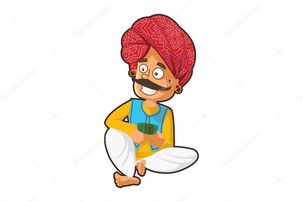 Vector cartoon illustration of a rajasthani man playing card. Isolated on white background.