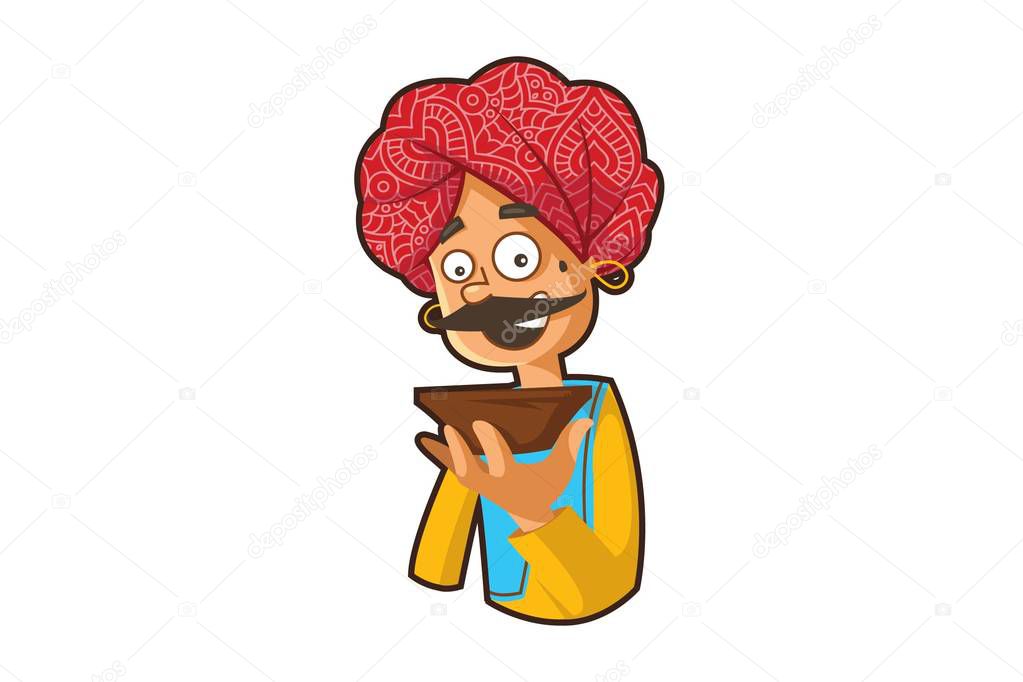 Vector cartoon illustration of a rajasthani man holding the bowl in hand. Isolated on white background.