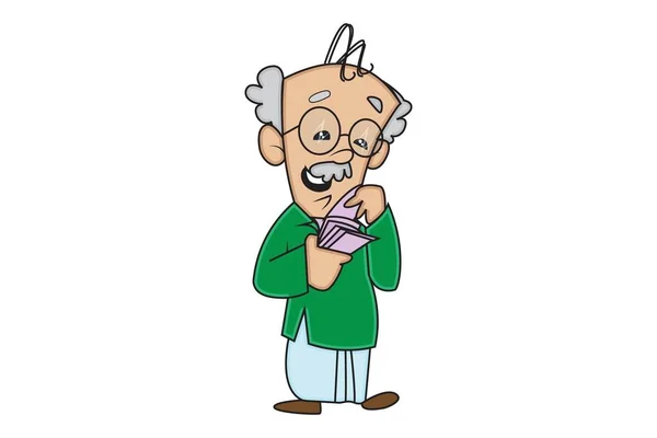 Vektör Karikatür Illüstrasyon Büyükbabam Para Sayıyor Beyaz Arka Planda Yalıtılmış — Stok Vektör