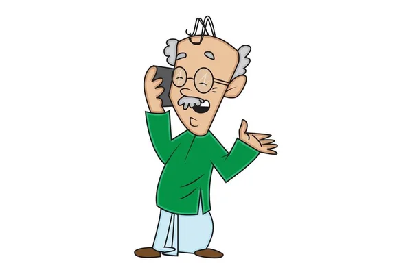 Ilustrasi Kartun Vektor Kakek Sedang Berbicara Telepon Terisolasi Pada Latar - Stok Vektor