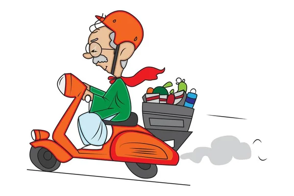 Vektor Cartoon Illustration Des Großvaters Der Einen Schnellen Motorroller Fährt — Stockvektor