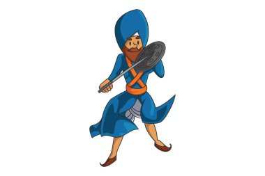 Sward ve dhal ile Punjabi Nihang Sardar Vektör karikatür illüstrasyon. Beyaz arka planda yalıtılmış.