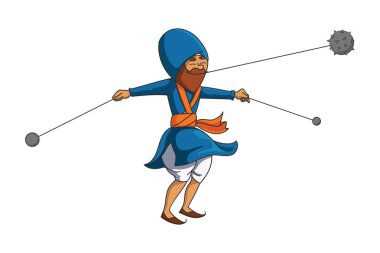 Punjabi Nihang Sardar vektör karikatür illüstrasyon üç kandayali gola tutan. Beyaz arka planda yalıtılmış.