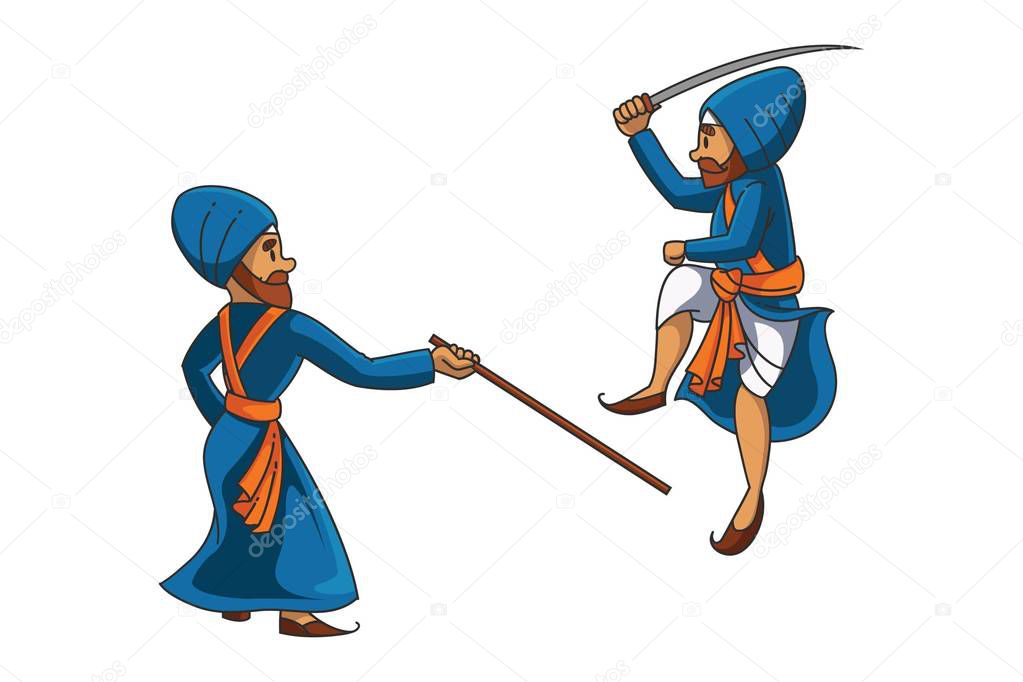 Vector cartoon illustration of Punjabi Nihang Sardar is practicing for gatka competition. Isolated on white background.