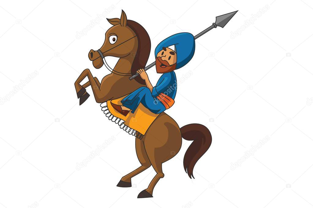 Vector cartoon illustration of Punjabi Nihang Sardar riding a horse with the spear. Isolated on white background.