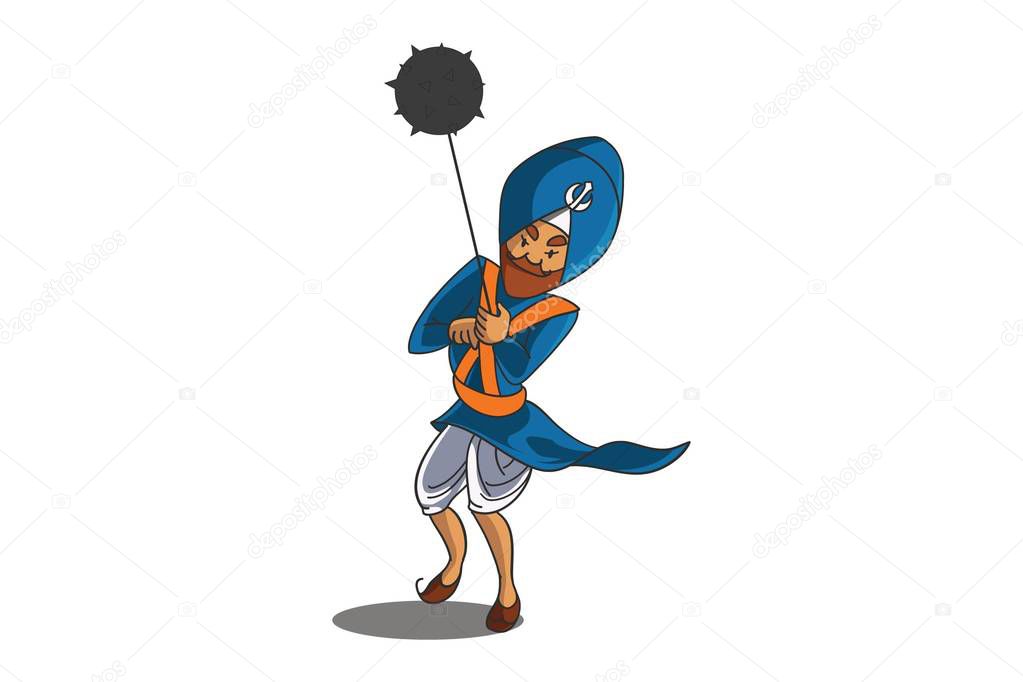 Vector cartoon illustration of Punjabi Nihang Sardar with kandayali gola. Isolated on white background.