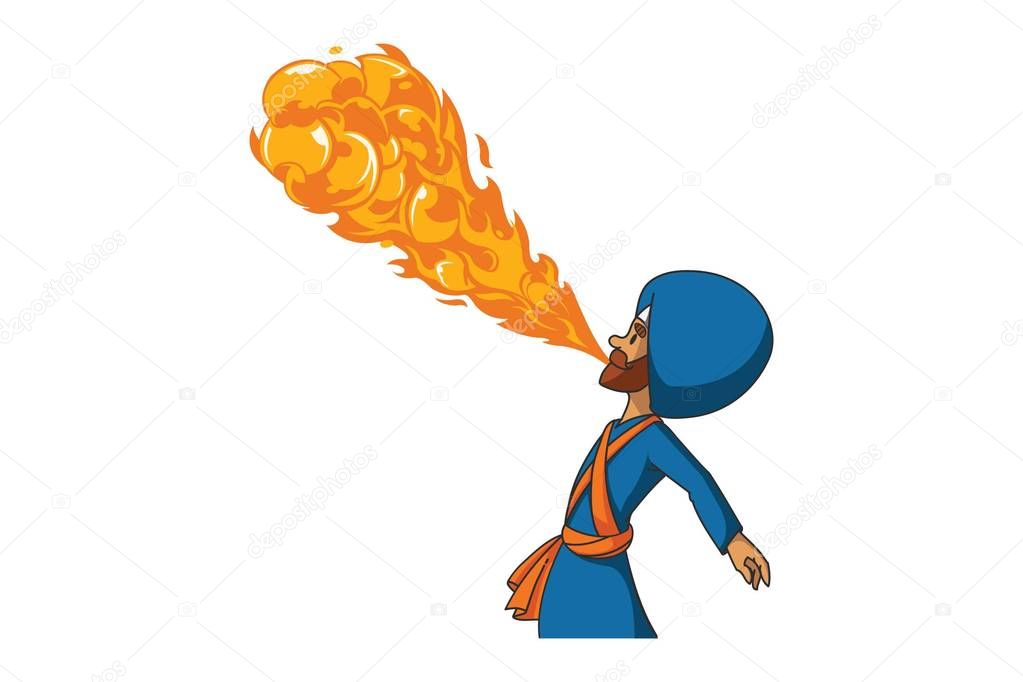 Vector cartoon illustration of Punjabi Nihang Sardar is performing a fire breathing act. Isolated on white background.
