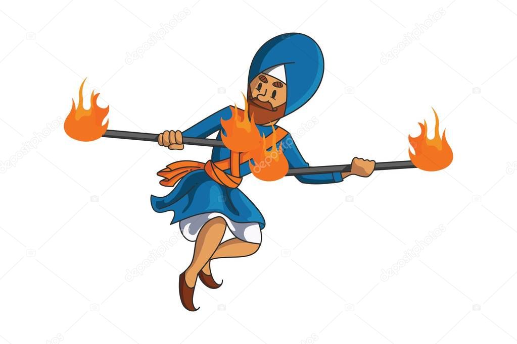 Vector cartoon illustration of Punjabi Nihang Sardar showing fire stick art. Isolated on white background.