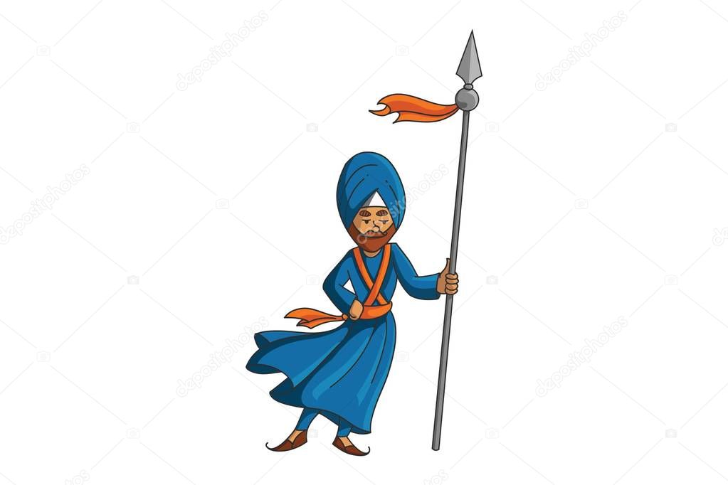 Vector cartoon illustration of Punjabi Nihang Sardar holding the spear in hand. Isolated on white background.