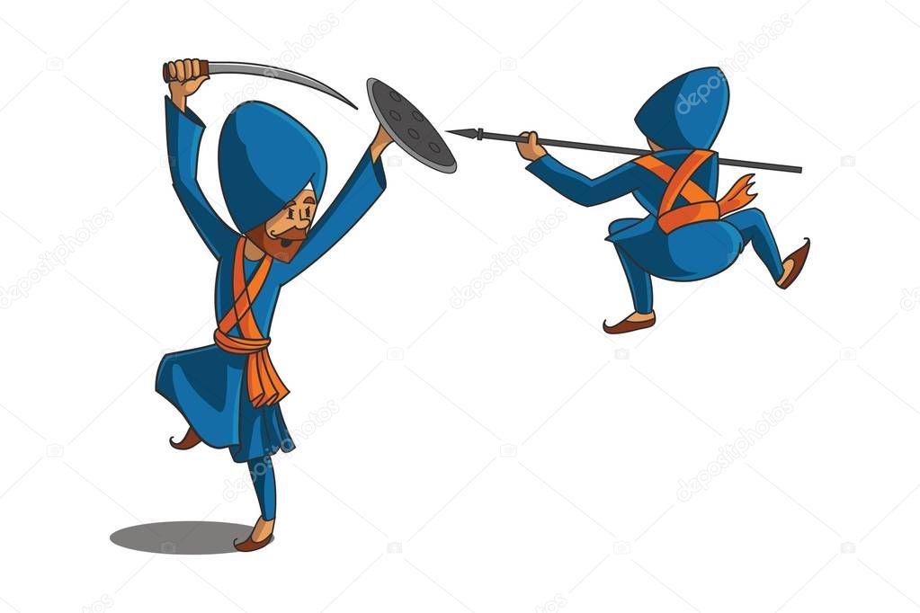 Vector cartoon illustration of Punjabi Nihang Sardar is performing sward and spear fight. Isolated on white background.