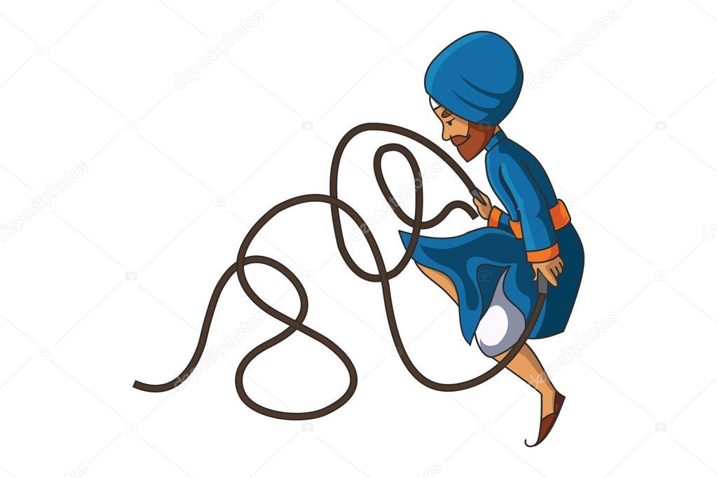 Vector cartoon illustration of Punjabi Nihang Sardar playing with aara. Isolated on white background.