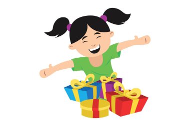 Hediye kutuları ile mutlu bir kız vektör karikatür Illustration. Beyaz arka planda yalıtılmış.