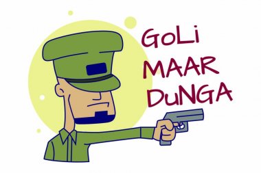 Vector cartoon illustration of a man with a gun. Goli maar Dunga Hindi Text translation - shoot you. Isolated on white background.