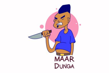 Vector cartoon illustration of a man with a knife. Lettering maar Dunga Hindi text translation- kill you. Isolated on white background.