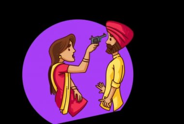 Punjabi sardarni kocasına silah doğrultan vektör karikatür illüstrasyon. Explainer video animasyon karakteri.