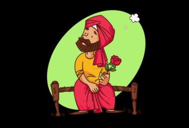 Punjabi Sardar adam elinde düşünme bir gül ile bir yatakta oturan Vektör karikatür illüstrasyon. Explainer video animasyon karakteri.