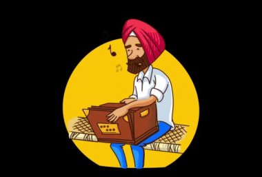 Yatakta harmonium oynayan bir Punjabi Sardar adam Vektör karikatür illüstrasyon . Explainer video animasyon karakteri.
