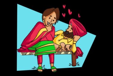 Bir Punjabi Sardar çift romantik bir konuşma sahip Vektör karikatür illüstrasyon. Explainer video animasyon karakteri.