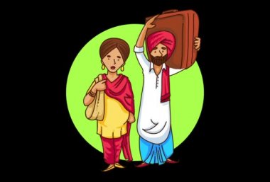 Bir Punjabi Sardar çift seyahat Vektör karikatür illüstrasyon. Explainer video animasyon karakteri.