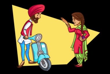Vektör karikatür illüstrasyon. Punjabi Sardar, yanında duran kız arkadaşıyla scooter'ına başlıyor. Explainer video animasyon karakteri.