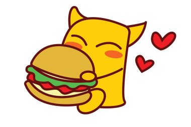 Sarı bir canavar Vektör karikatür illüstrasyon burger yiyor. Beyaz arka planda yalıtılmış.