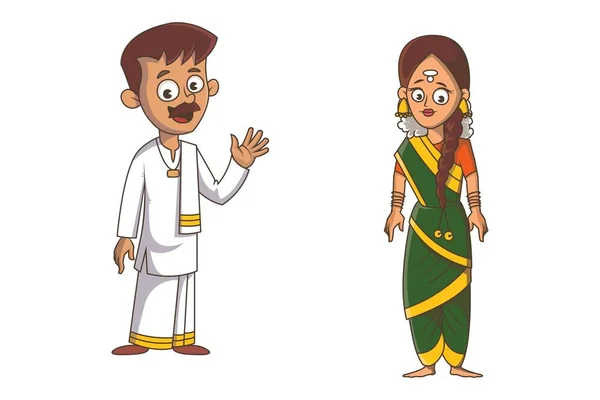 Vektor Cartoon Illustration Des Tamilischen Paares Nadu Isoliert Auf Weißem — Stockvektor