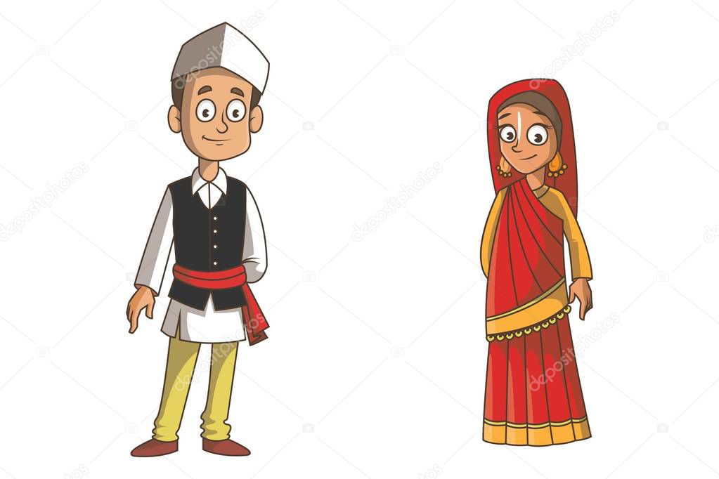 Vector cartoon illustration of Uttarakhand couple. Isolated on white background.