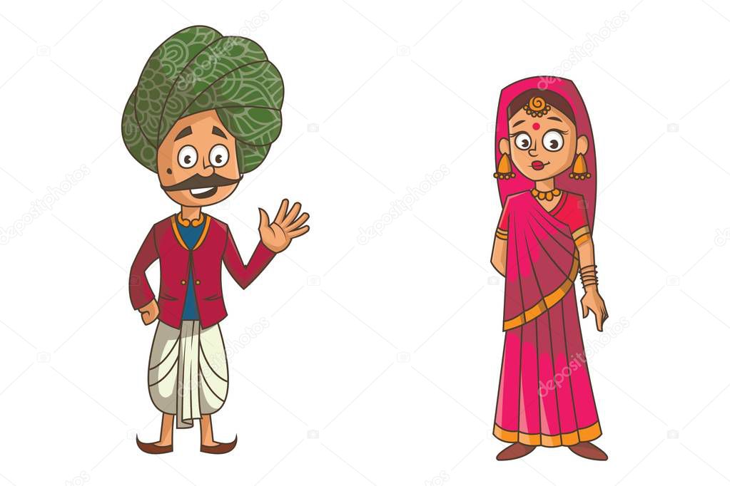 Vector cartoon illustration of Rajasthani couple. Isolated on white background.