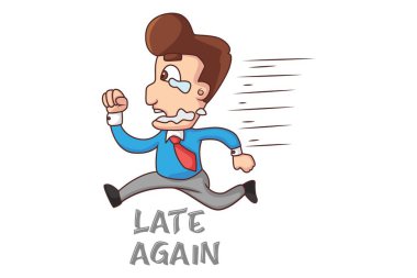Ofis çalışanıvektör karikatür illüstrasyon çalışıyor. Yine geç yazı metni. Beyaz arka planda yalıtılmış.
