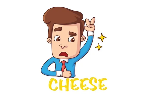 Vektor Cartoon Illustration Büroangestellte Macht Siegeszeichen Und Sagt Käse Isoliert — Stockvektor