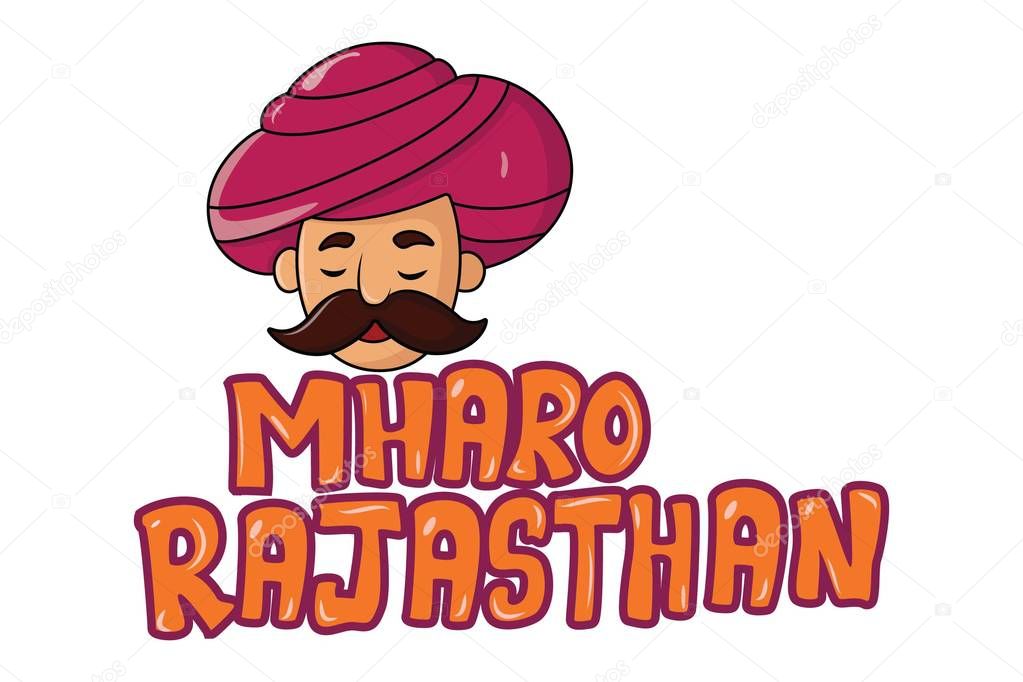 Vector cartoon illustration of man. Mharo Rajasthan text translation My dear Rajasthan. Isolated on white background.