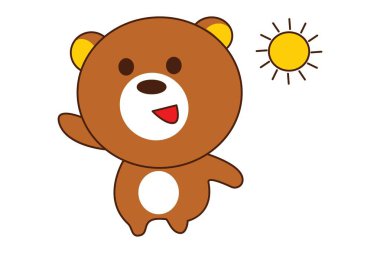 Vektör karikatür illüstrasyon. Oyuncak ayı sabah ları yürüyor ve gün doğumu. Beyaz arka planda yalıtılmış.