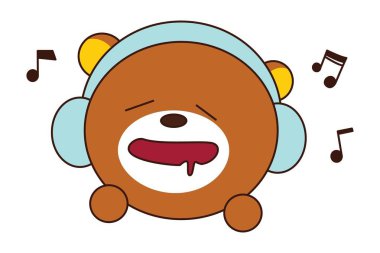 Sevimli bir oyuncak ayı Vektör karikatür illüstrasyon kulaklık ile müzik dinliyor. Beyaz arka planda yalıtılmış.