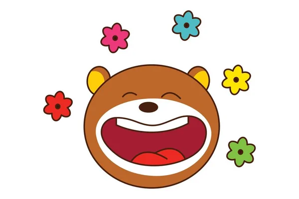 Vector Cartoon Illustration Cute Teddy Bear Laugh Flowers Isolated White — Stock Vector