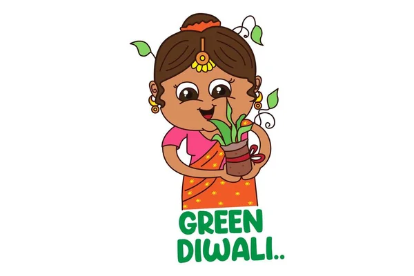 Illustration Vectorielle Une Femme Tenant Pot Fleurs Main Disant Diwali — Image vectorielle