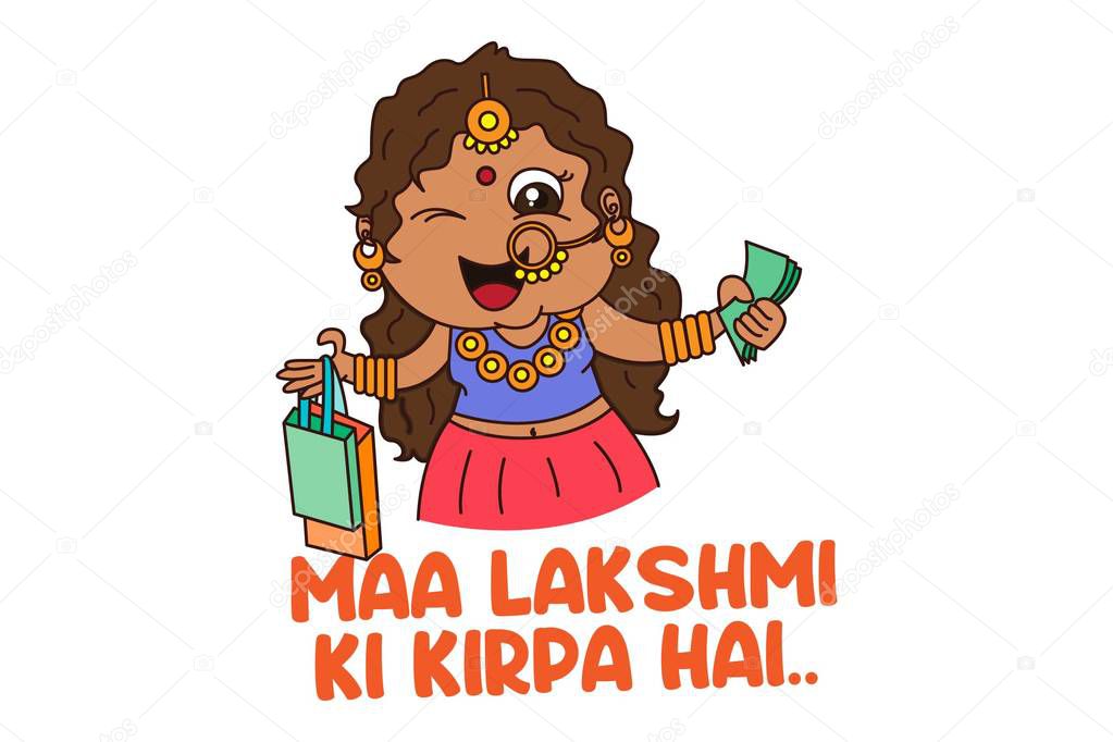 Vector cartoon illustration. The woman is holding a shopping bag and money in hand. Maa Lakshmi ki kirpa hai Hindi text translation - the blessing of goddess Laxmi. Isolated on white background. 