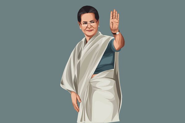 Vector cartoon illustration of Indian politician Sonia Gandhi waving hand. Isolated on colored background. 