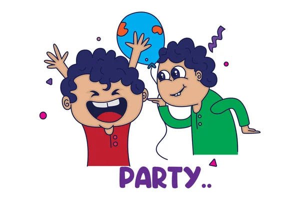 Vektor Cartoon Illustration Glücklicher Zwei Jungen Mit Einem Luftballon Schriftzug — Stockvektor