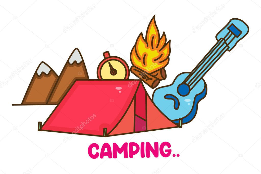 Vector cartoon illustration of a tent, guitar, fire, watch and mountains. Lettering camping text. Isolated on white background.