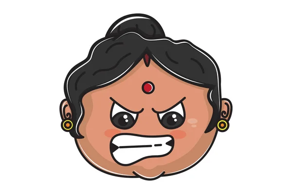 インドのおばさんの怒りの顔のベクトル漫画のイラスト 白い背景に隔離された — ストックベクタ