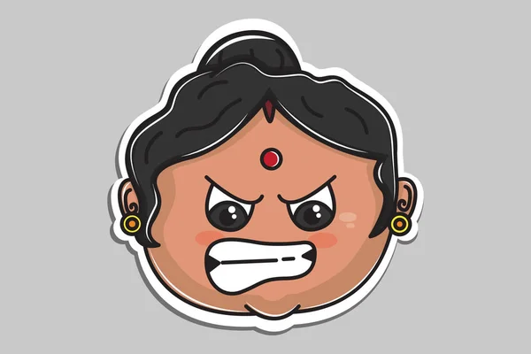 Vector Cartoon Illustration Indian Aunty Angry Face Isolated Grey Background — Stock Vector