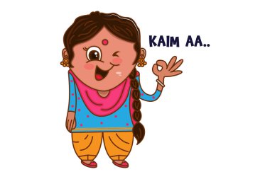 Punjab 'lı kadının göz göze gelişinin vektör çizimi. Kaim aa Punjabi metin çevirisi - Nasılsın? Beyaz bir arkaplanda izole edilmiş.